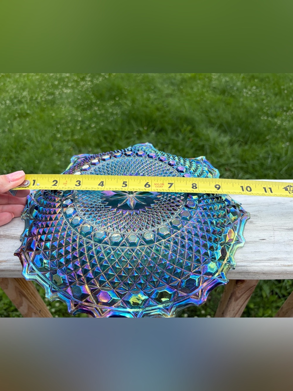 Blue Iridescent Diamond Cut Carnival Glass 10" Bowl Plate Dish Vintage Victorian - Picture 7 of 7